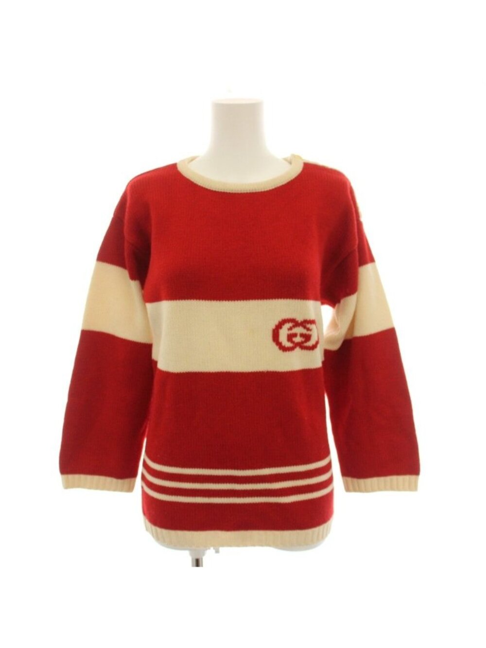 Gucci Knit Sweater Crew Neck Long Sleeve Interlocking G Logo Border 40 Red Ivory